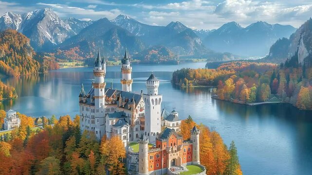 Majestic castle nestled amidst autumn landscape footage