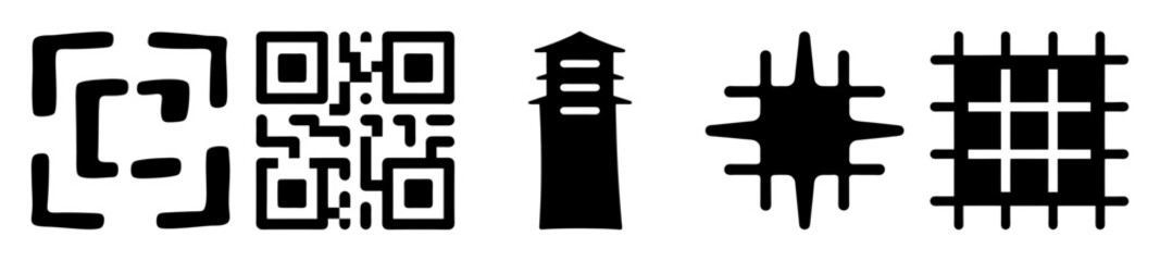 Obraz premium Abstract Geometric Shapes in Black and White Representing QR Code, Building, and Grids