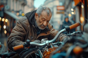 Obraz premium An elderly man in a city carefully inspects a bicycle, surrounded by a bustling urban environment.