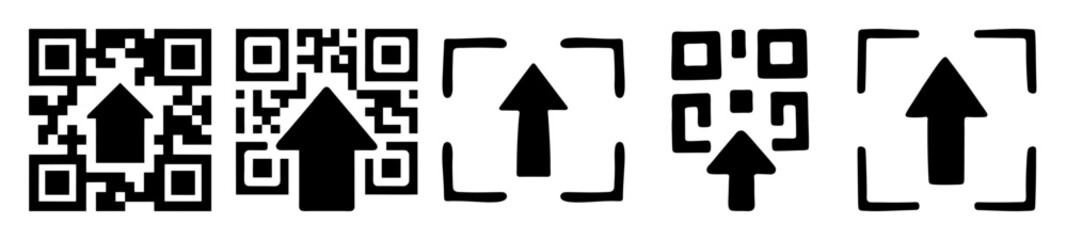 Black and white vector icons of QR codes and upload symbols for web
