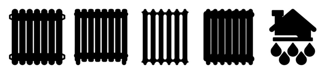 Illustration of house heating radiators and a house with water damage, black vector