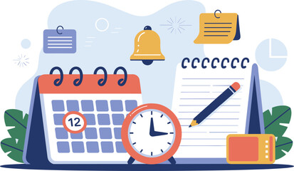 Time Management and Productivity Vector with Calendar, Clock, and Planner Icons