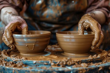 Artistic pottery creation showcased with hands shaping clay bowls on a spinning wheel, emphasizing craftsmanship.