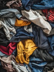 Close-up view of a pile of various used clothing.