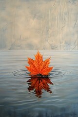 Beautiful orange leaf floating on water, creating ripples and reflections in a serene environment.