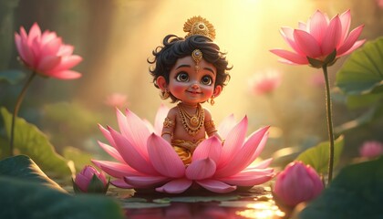 Little Krishna, Indian deity, sits lotus flower. Beautiful Hindu god with jewels, ornaments, serene expression. Artistic, divine, spiritual, religious theme. Mythology, devotion, peaceful, cultural
