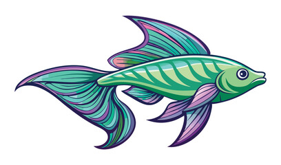 Stylized Illustration of Green and Purple Fish with Detailed Fins and Tail on White