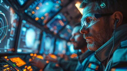 Captivating view of professionals operating advanced technology in a control room, showcasing intense focus and innovation.