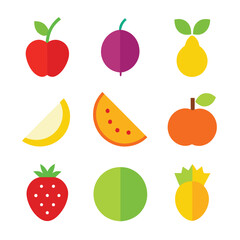 Colorful flat design illustration of various fruits on a white background perfect for health concepts