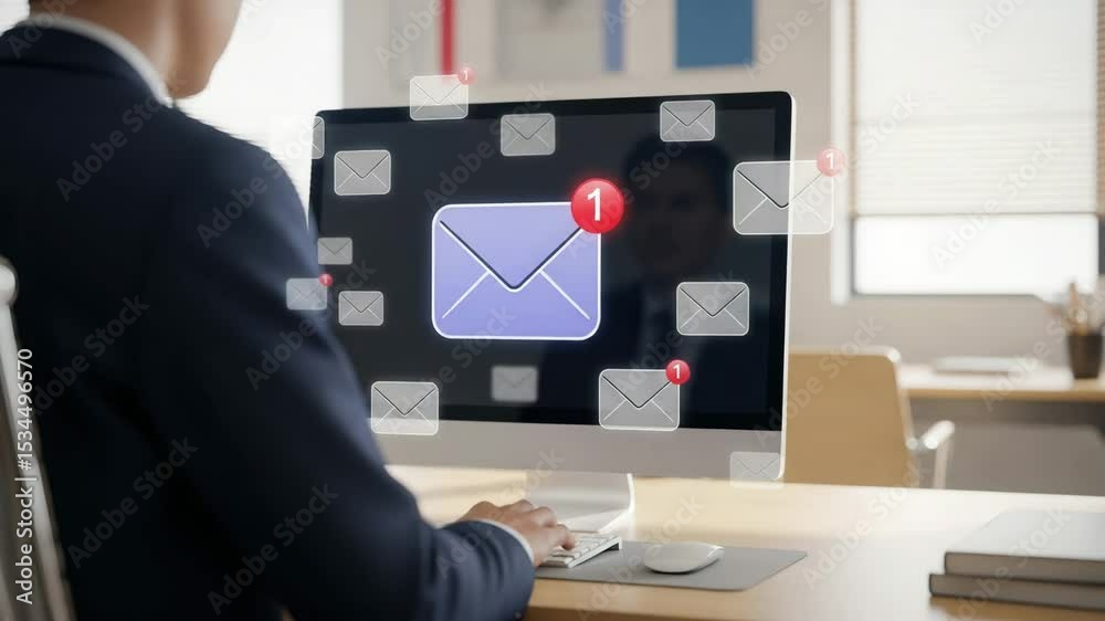 Poster Man in suit at desk with computer showing email notifications and typing on a keyboard in office