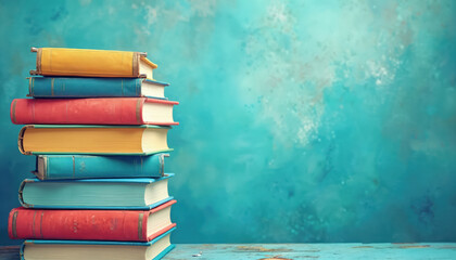 Stack pastel-covered books, inviting exploration of education. Endless learning opportunities. Bright colorful books in library. Learn, read, gain knowledge. Open book on desk, knowledge concept.