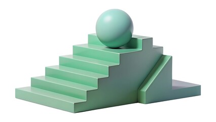 Abstract geometric composition featuring pastel green sphere and staircase against white background