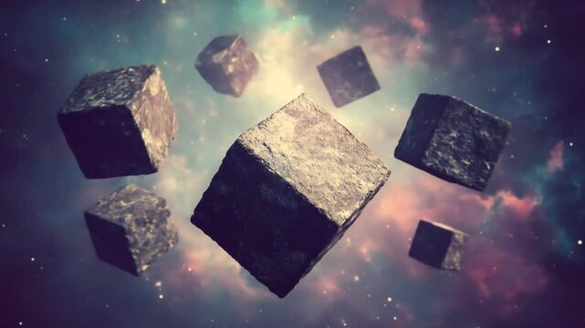 3d floating stone cubes in outer space with cosmic background.