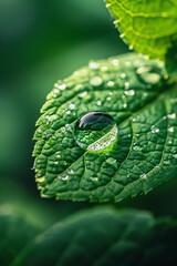Close-up of a green leaf adorned with water droplets, showcasing nature's beauty and refreshing essence.