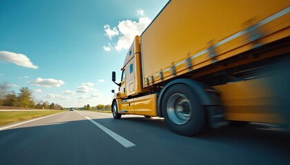 Fototapeta premium Yellow truck speeding on highway with blue sky background. Logistics, freight transport concept. Fast delivery by road. Commercial vehicle. Cargo transportation. Heavy duty truck. Road trip.