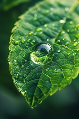 Close-up of a green leaf with dew droplets, showcasing nature's beauty and the freshness of a serene environment.