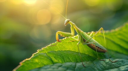 Close-up of a green mantis perched on a leaf, basking in warm sunlight, showcasing nature's intricate beauty.