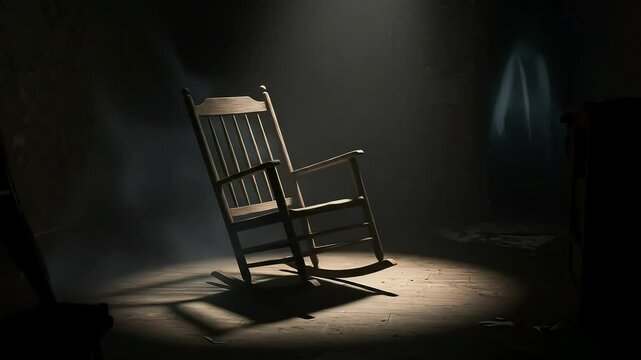 The old wooden rocking chair slowly rocked back and forth in complete darkness, dimly lit by flickering dim light sources, casting long, eerie shadows on the dusty wooden floor