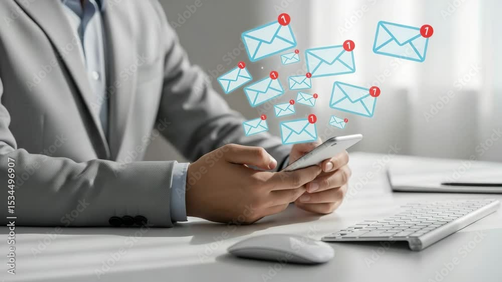 Aufkleber Person in suit using smartphone with email notifications on a white desk with keyboard and mouse
