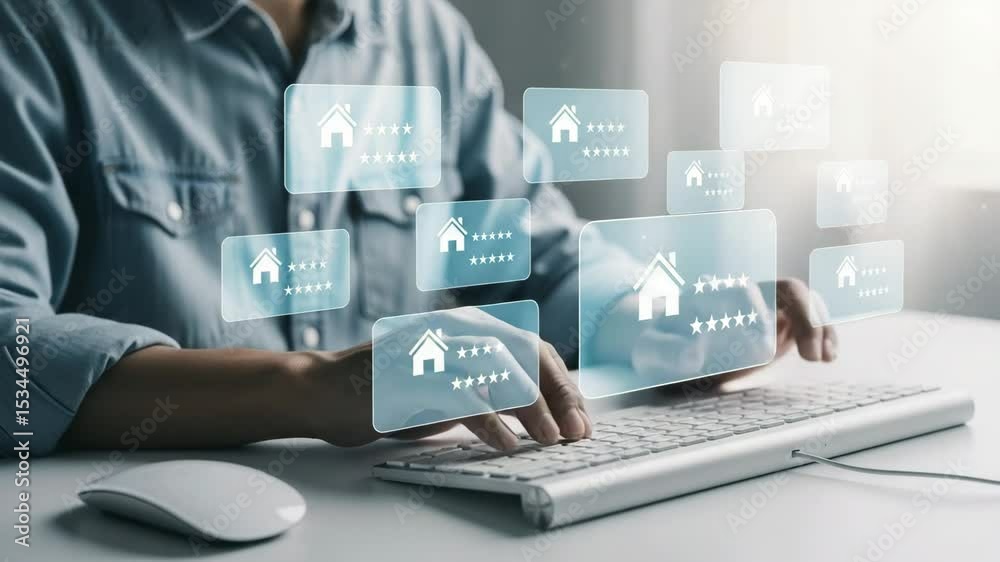 Poster person typing on keyboard with house rating icons displayed above a white mouse on a white desk