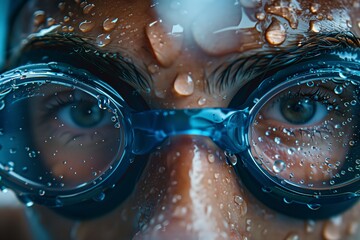 Close-up of a swimmer's focused gaze behind wet goggles, showcasing determination and intensity in preparation for competition.