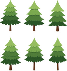 Set of stylized cartoon evergreen pine trees isolated on transparent background, featuring different shapes and green tones for nature, environmental,