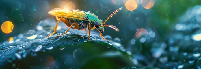Close-up of a vibrant insect on a leaf with raindrops, showcasing nature's beauty in a colorful environment.