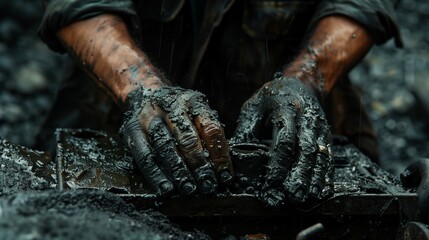 Close-up of dirty hands working with tools in a dark coal environment, showcasing hard labor and craftsmanship.