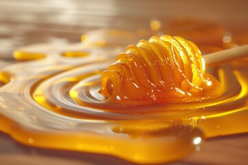Close-up of golden honey dripping from a wooden dipper, creating a sweet, glossy texture on a wooden surface.
