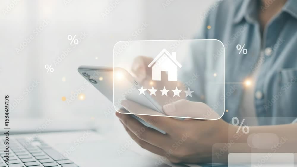 Poster person using smartphone with house icon and star rating overlay on a bright background scene indoors