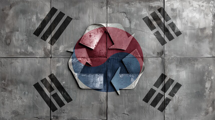 South Korean flag with a recycling symbol prominently displayed in the center. The flag appears weathered, emphasizing themes of sustainability. Eco, care for nature concept.