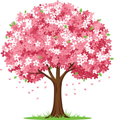 Fototapeta premium Beautiful pink flowering tree with vibrant blossoms and green leaves, isolated on a white background, perfect for nature-themed designs, spring, and seasonal illustrations on Adobe Stock.