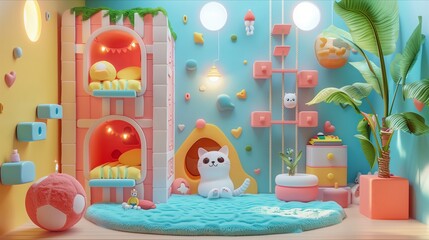 Colorful pet playroom with cozy spots, toys, and plants, designed for fun and relaxation.