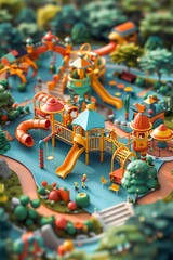 Colorful playground filled with slides, climbing structures, and children playing in a vibrant outdoor environment.