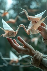 Delicate origami cranes are carefully held in hands, symbolizing peace and creativity in a dreamy setting.