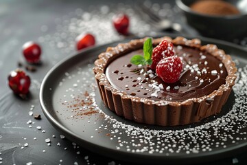 Delicious chocolate tart garnished with fresh raspberries and mint on a dark plate, perfect for dessert lovers.