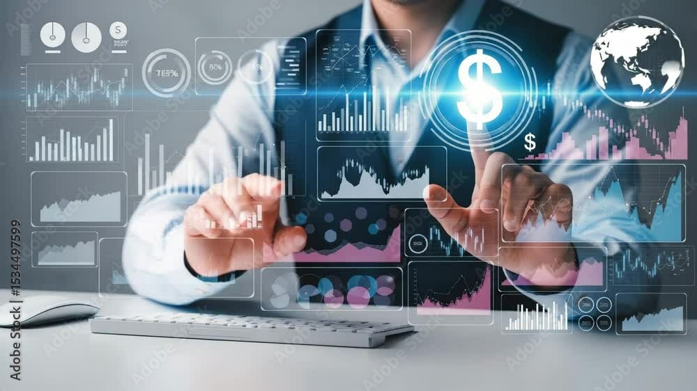 Poster Person interacting with financial data interface on transparent screen display panel setup