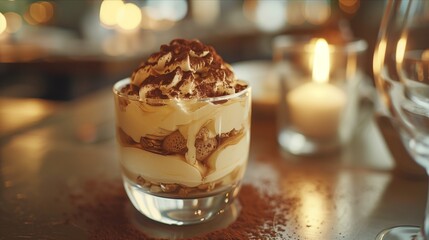 Delicious dessert in a glass, featuring layers of cream and chocolate, perfect for sweet indulgence.