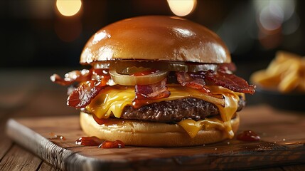 Delicious gourmet burger with melted cheese, crispy bacon, pickles, served on a toasted bun with fries.