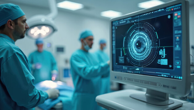 High-tech ophthalmology surgery room. Digital eye scan displayed on a medical monitor. Advanced tech, medical doctors in sterile operating room for vision care. Precision, digital technology.