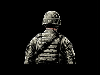 silhouette of soldier icon vector art illustration, american soldier in full combat gear, US marine standing from back side view isolated, patriotic,