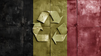 Belgian flag with a recycling symbol overlaid on it. The textured background gives it a rugged, environmental theme. Eco, care for nature concept.