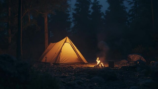 Camping tent illuminated at night beside a glowing campfire  