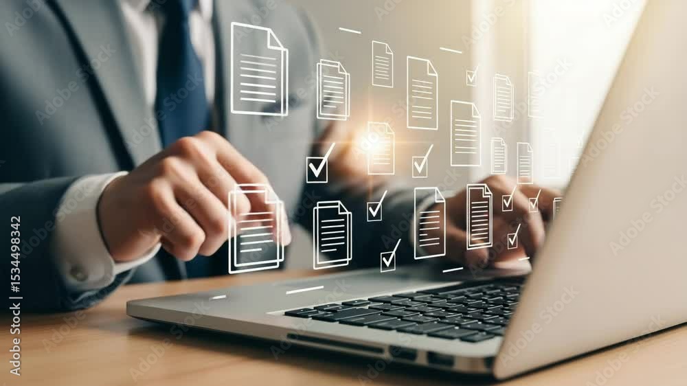 Poster Man in suit using laptop with document checklist icons floating above the keyboard on a desk