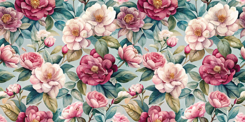 Beautiful floral pattern featuring pink and white blossoms on a soft blue background.