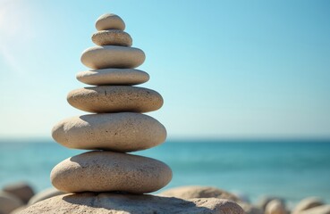 Obraz na płótnie Canvas Stacked stones on beach with sea background. Stone tower balance, harmony. Seaside, coastal view shows zen-like atmosphere. Concept of peace meditation, spa, yoga, wellness, meditation, spiritual