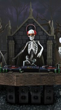 Seamless vertical video of a DJ skeleton and skeletons dancers in a cemetery at night. Funny halloween background.