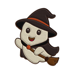 Charming kawaii ghost dressed as a witch with broom and hat. Embroidery look makes it perfect for magical Halloween scenes, digital planners, scrapbooking, fall projects, digital  journals 