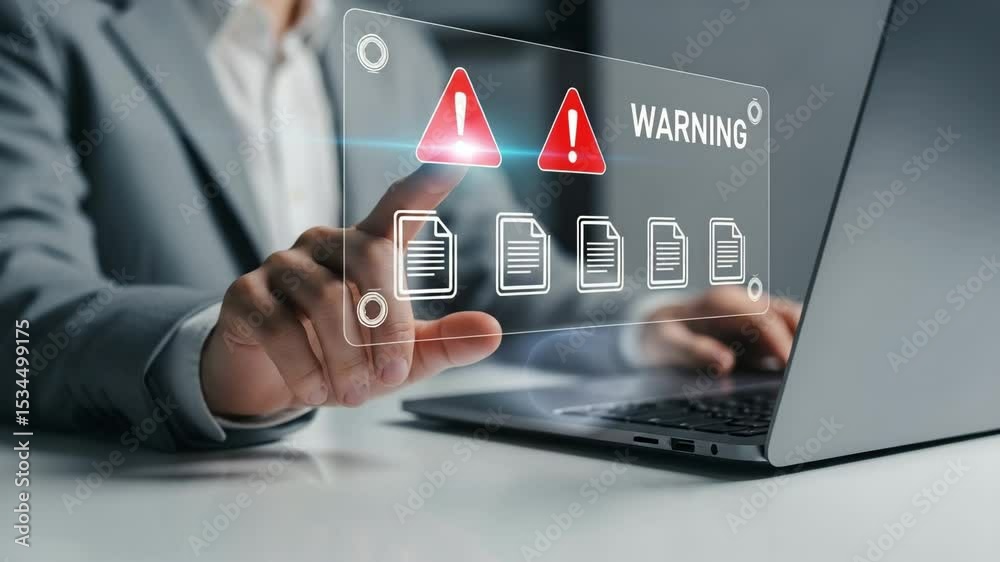 Poster person interacting with warning interface on laptop screen with document icons shown clearly