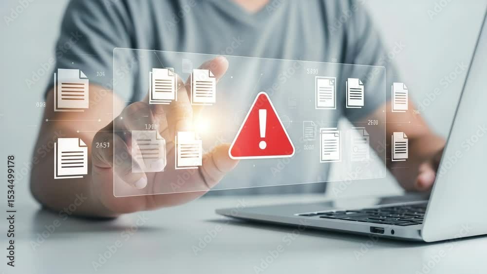 Poster Person using laptop with digital document icons and red warning sign hovering over the screen display